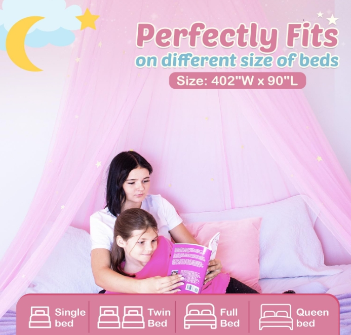 Princess Canopy Bed for Girls Pink Bed Canopy with Glowing Star Kids Canopy Bed for King Queen Twin Size Bed Mosquito Net Canopy