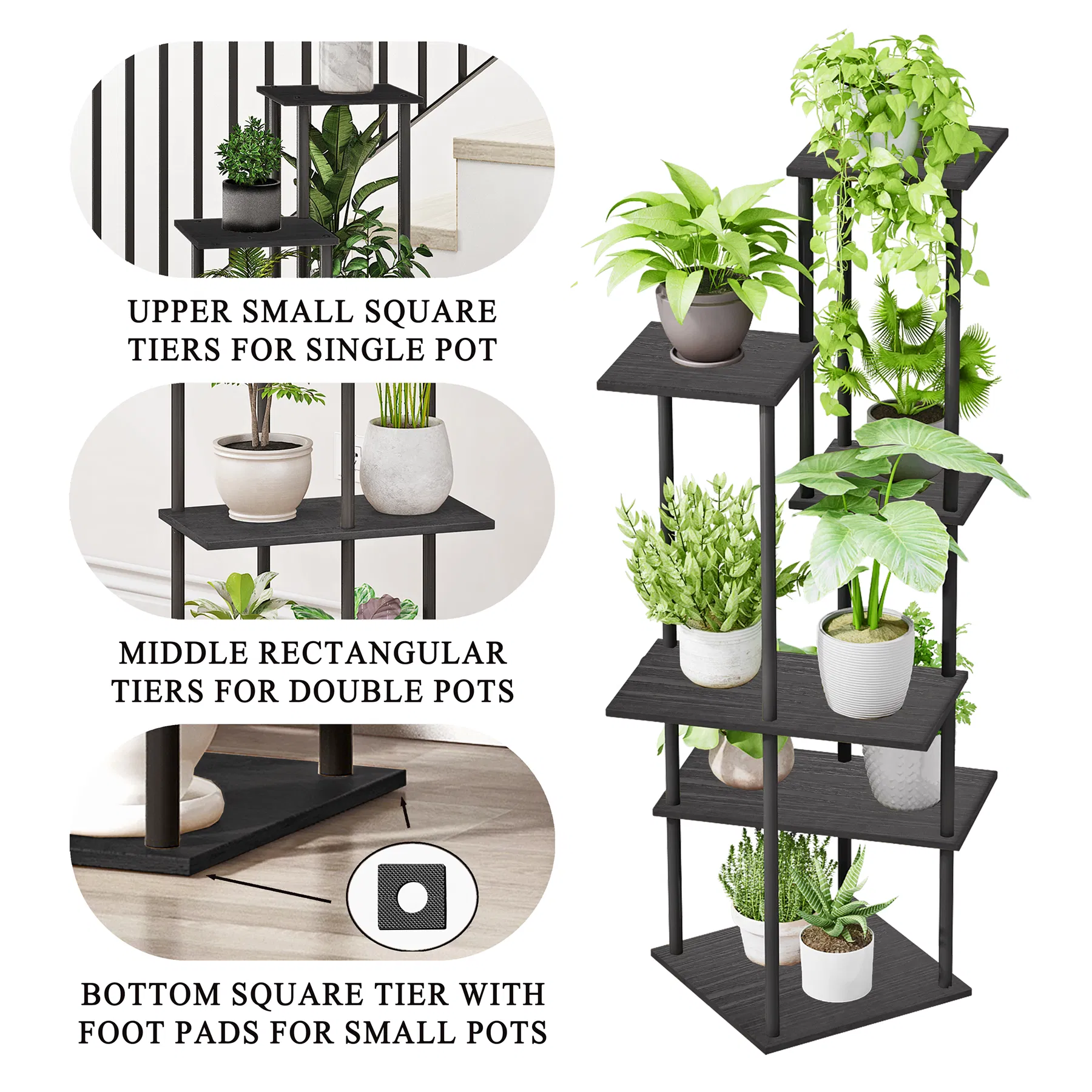 Elegant 6-Tier Black Steel Wood Corner Plant Shelf for Indoor Use