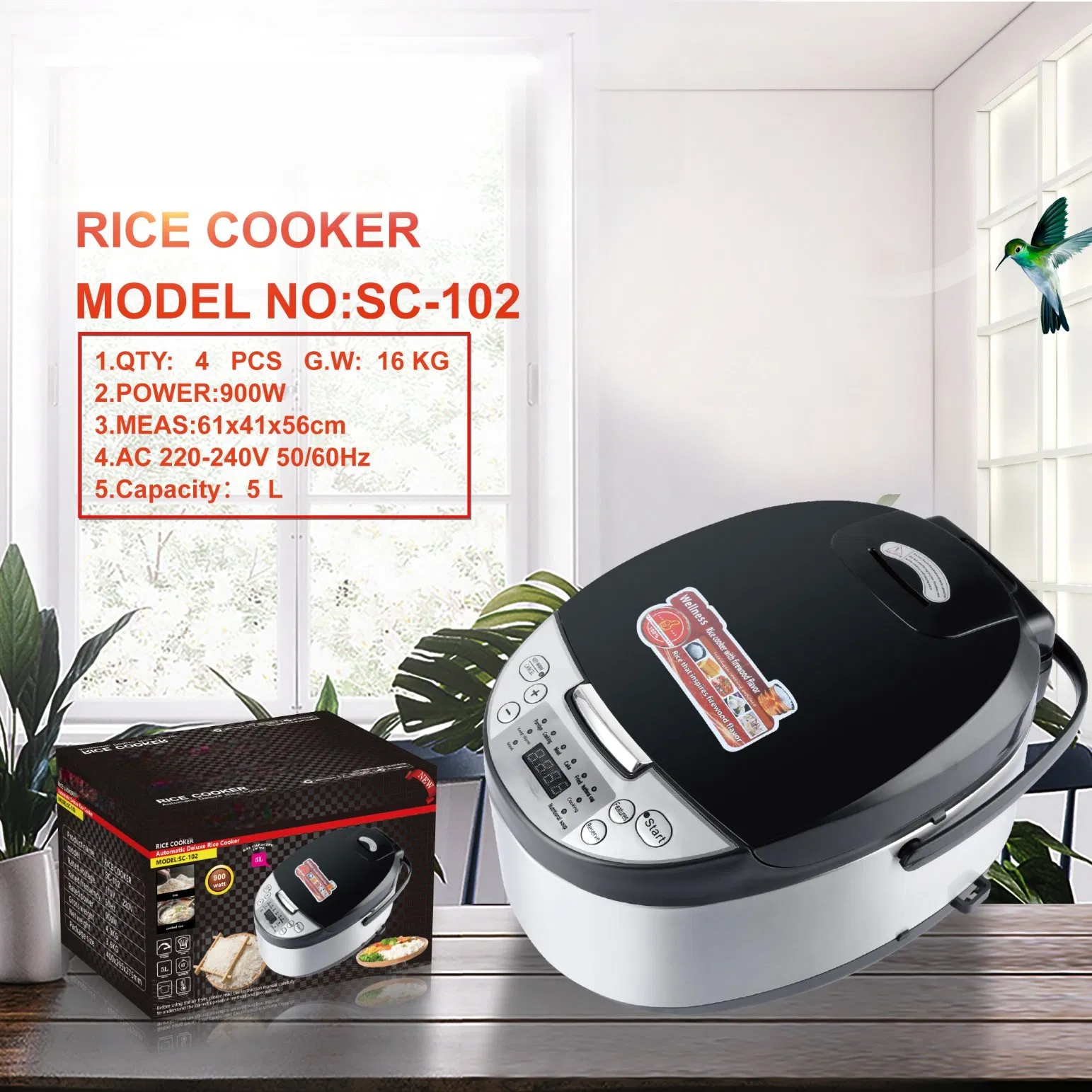 Large 5L Capacity Smart Timing Rice Cooker Household Gift Non-Stick Multi-Function Stainless Steel Paddle Measuring Cup
