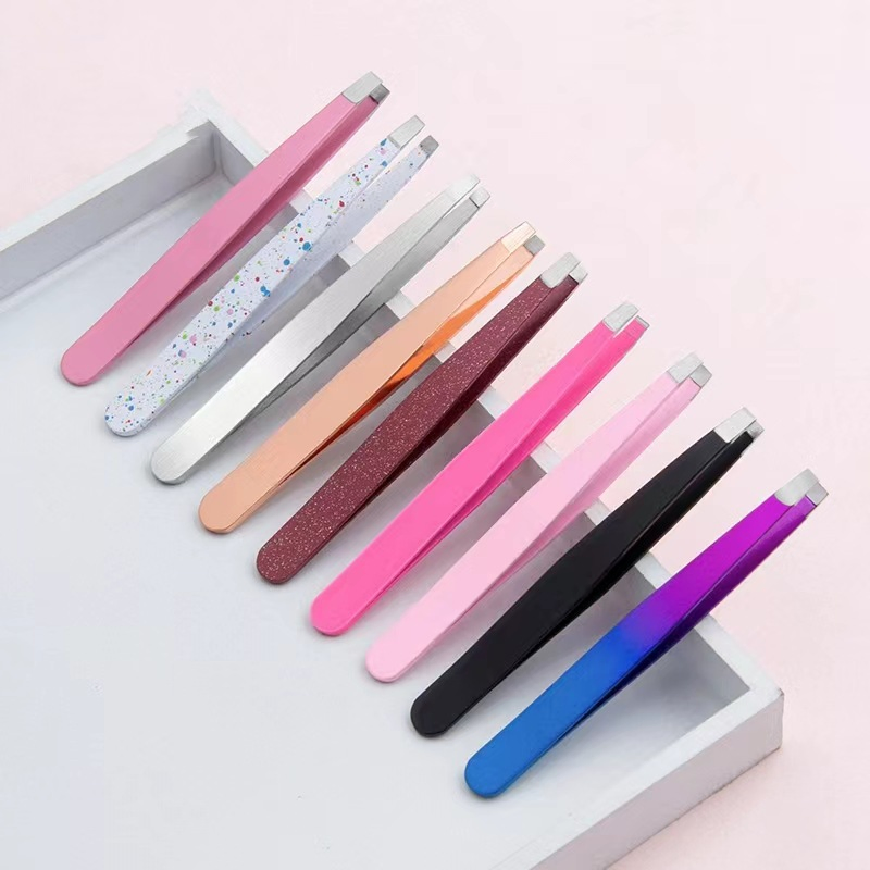 OEM Customized Logo Eyebrow Hair Remover Stainless Steel Black Slanted Tip Eyebrow Tweezers