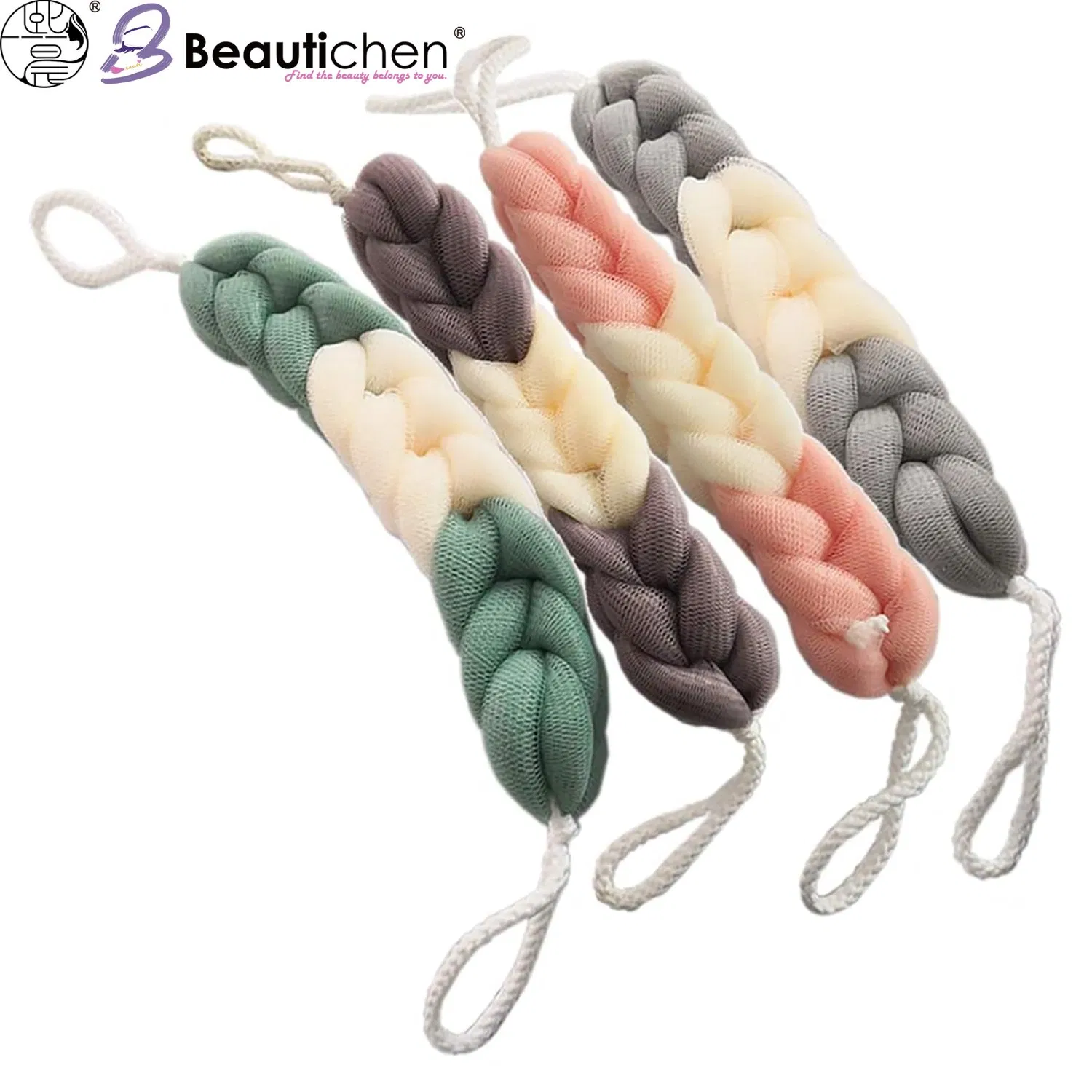 Beautichen Long Back Scrubber Sponge – Braided Exfoliating Shower Sponge with Handles for Easy Back Cleaning