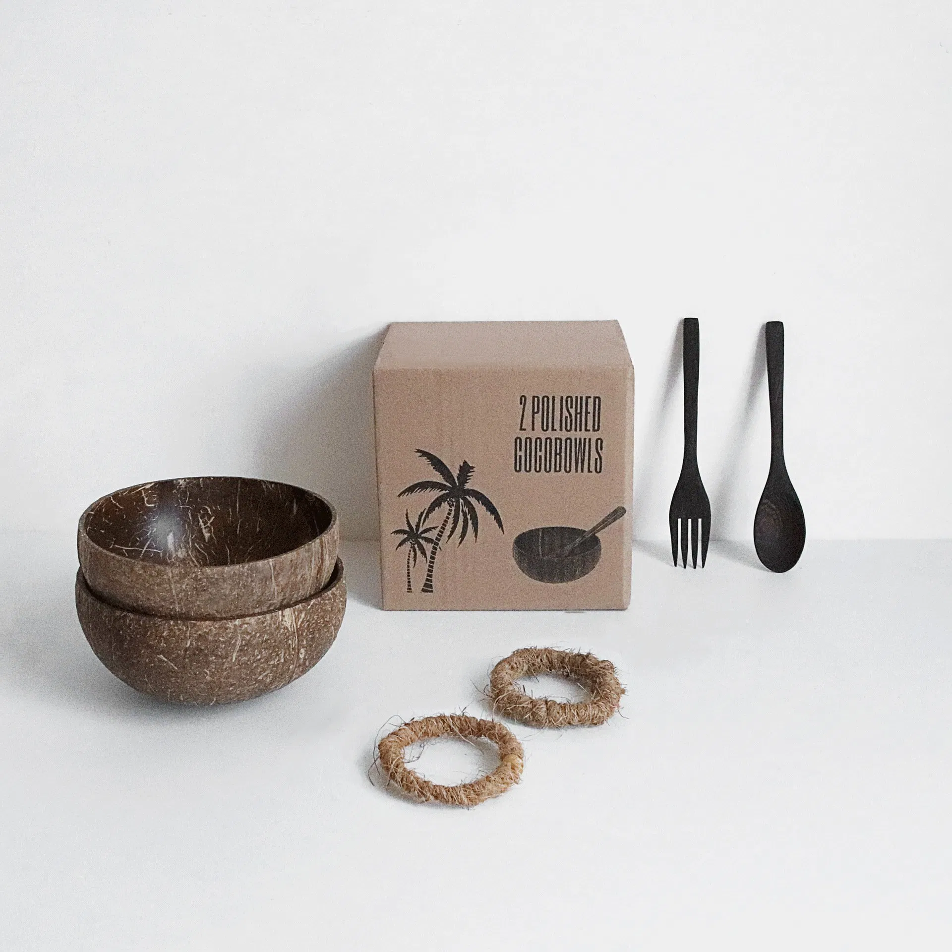 Vietnam Old Coconut Shell Bowl Set Natural Eco-Friendly Coconut Tableware with Spoon Fork and Straw Wholesale OEM