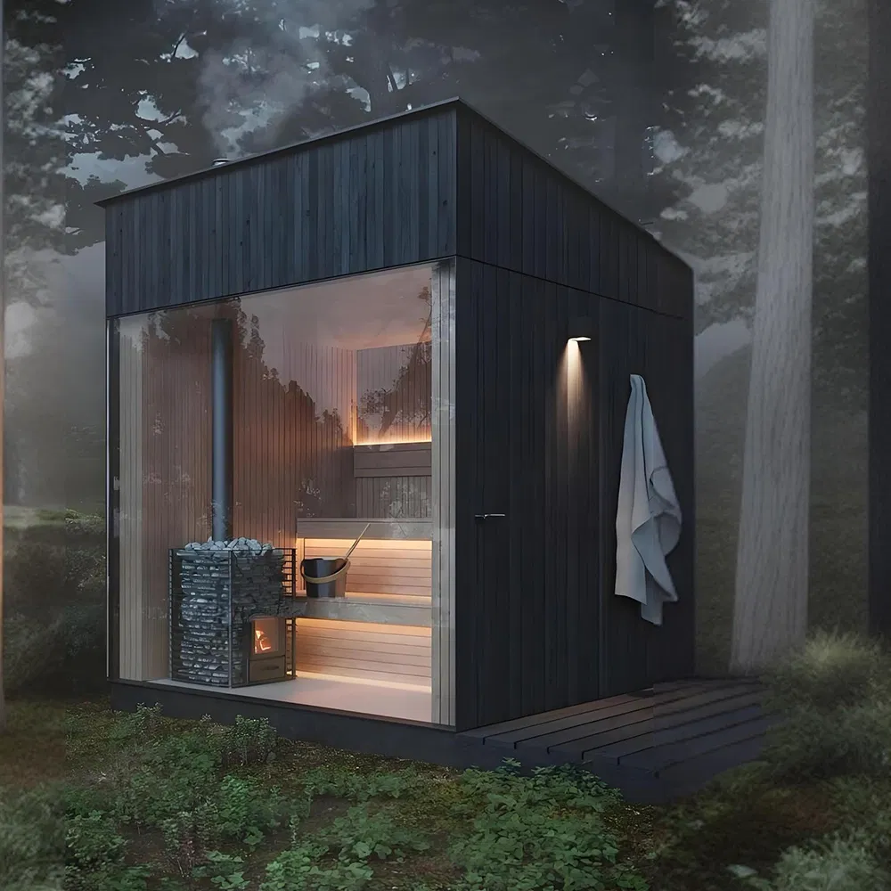 Customizable Outdoor Traditional Square Sauna with LED Lighting