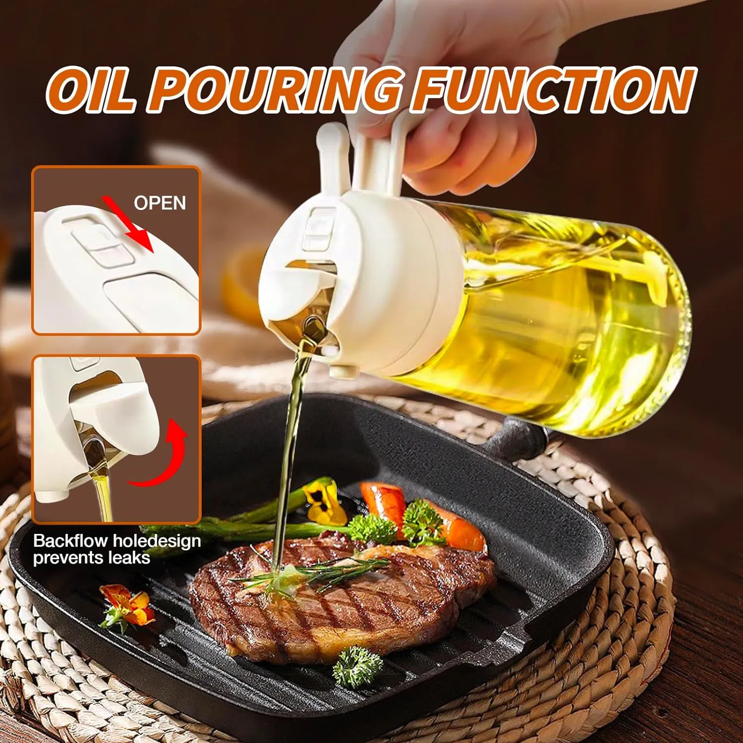450ml Glass Dispenser Oil Bottle with Nozzle 2 in 1 Olive Oil Sprayer for Kitchen BBQ Tools