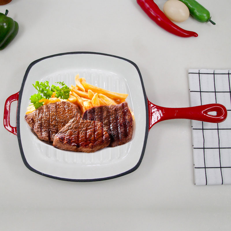 Custom Logo Modern Enamel Cast Iron Grill Pan with Handle Square