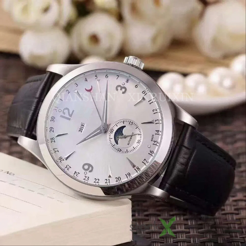 Silver Case Moon Phase Watch for Workplace Wholesale Best Gift Designer Black Leather Strap Business Fashion Replica Mechanical Watch Online with Calendar