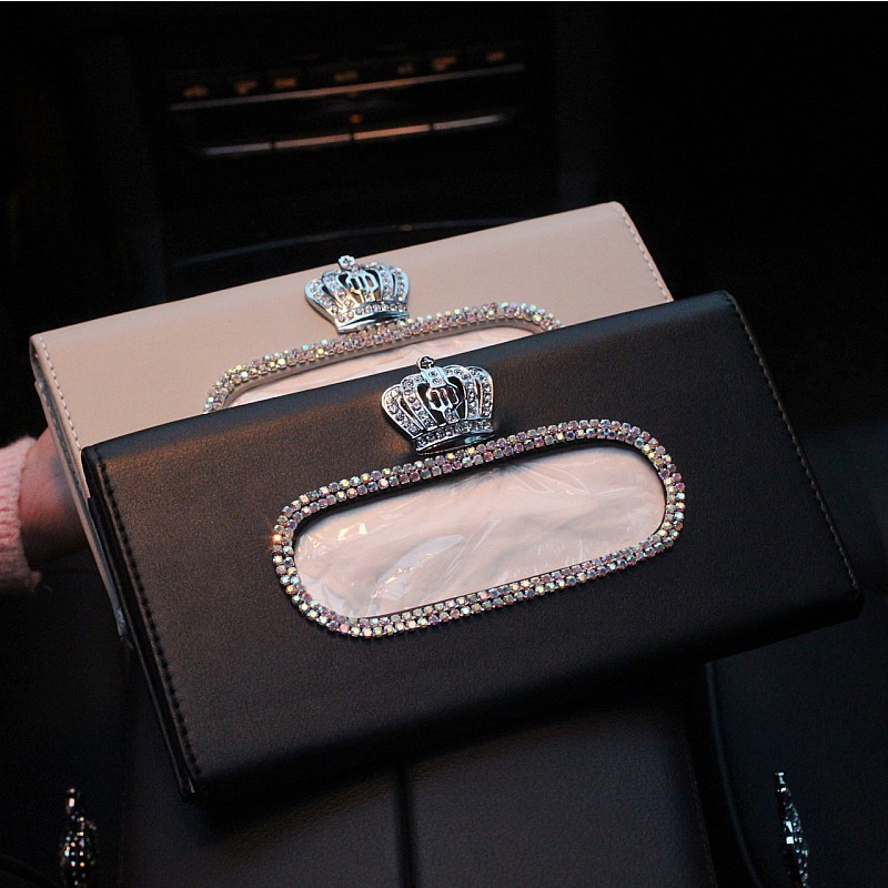 Fashion Crown Crystal Car Tissue Box Sun Visor Leather Auto Tissue Bag Sunvisor Hanging Holder Case Napkin for Car Accessories