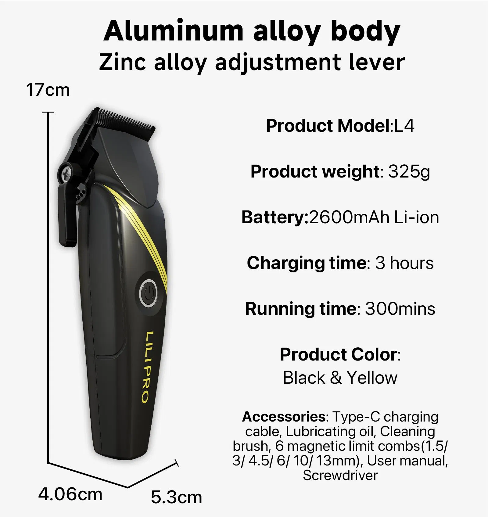 Lilipro L4 Professional Cordless Rechargeable Metal Hair Clippers 8000+Rpm Blade Men Dlc Combination Fade Hair Clippers Man