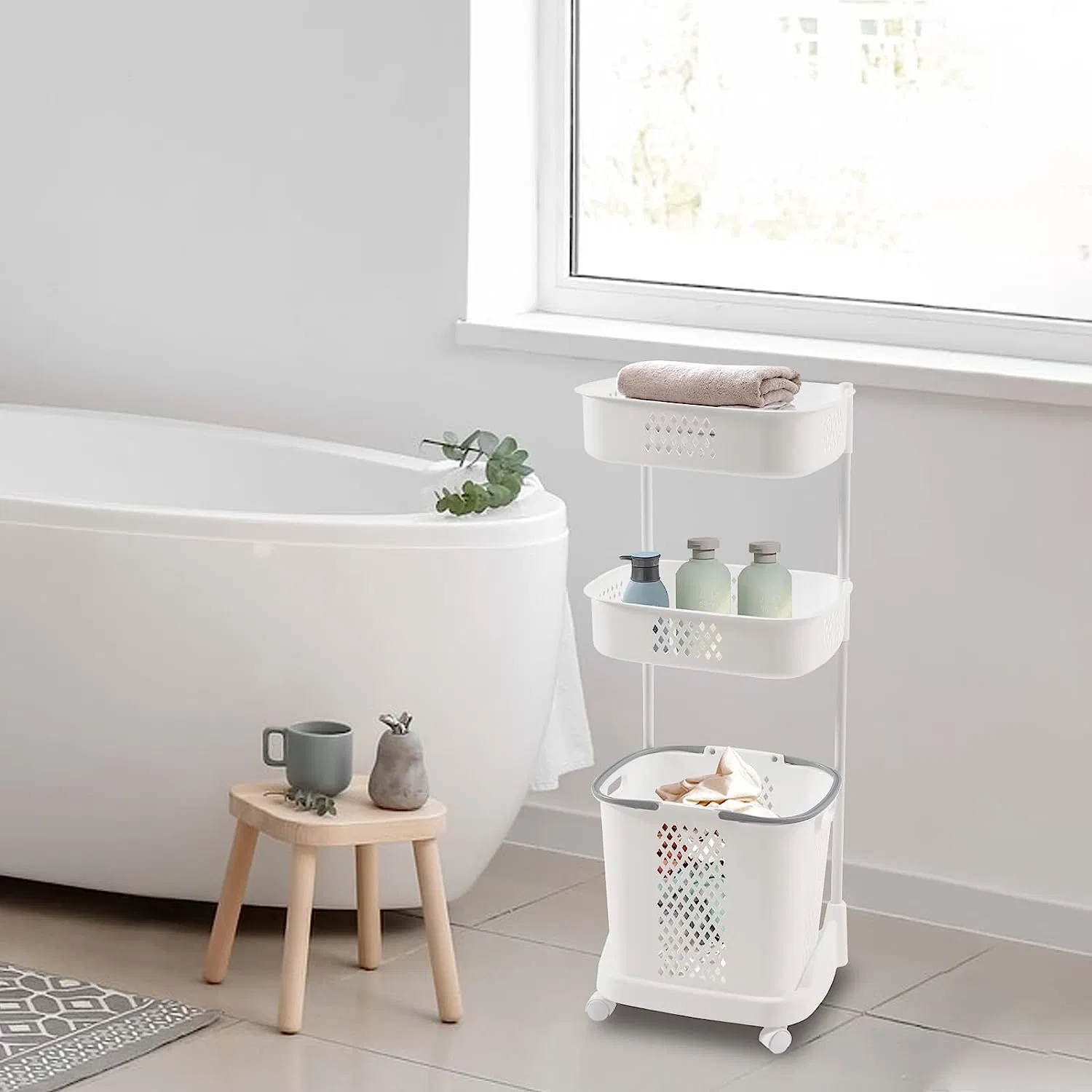 Factory Wholesale Multi-Layer Dirty Clothes Storage Basket Rolling Laundry Hamper Bathroom Laundry Basket with Wheels and Handle