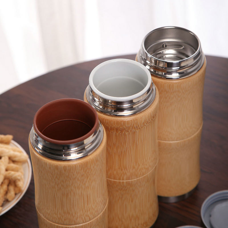 420ml Gift Thermal Stainless Steel Tea Coffee Double Wall Bamboo Travel Mug with Filter