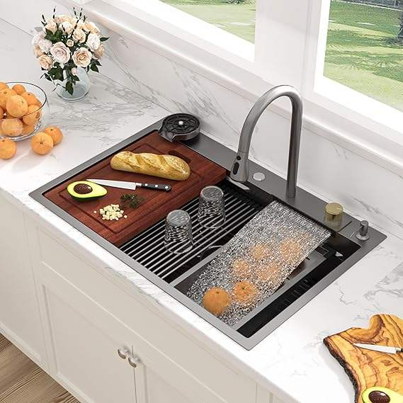 7546 Black Waterfall Drop in Sink Stainless Steel Sink Multifunction Single Bowl Smart Top Mount Kitchen Sink with Faucet Combo - Buy Kitchen Sink Sink Kit