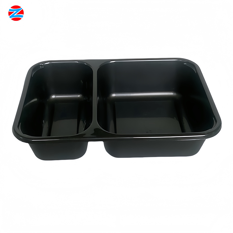 Black Rectangular Disposable Cpet Tray 2 Compartment Meal Containers Microwavable to-Go Fast Food Takeaway Packaged Cartons