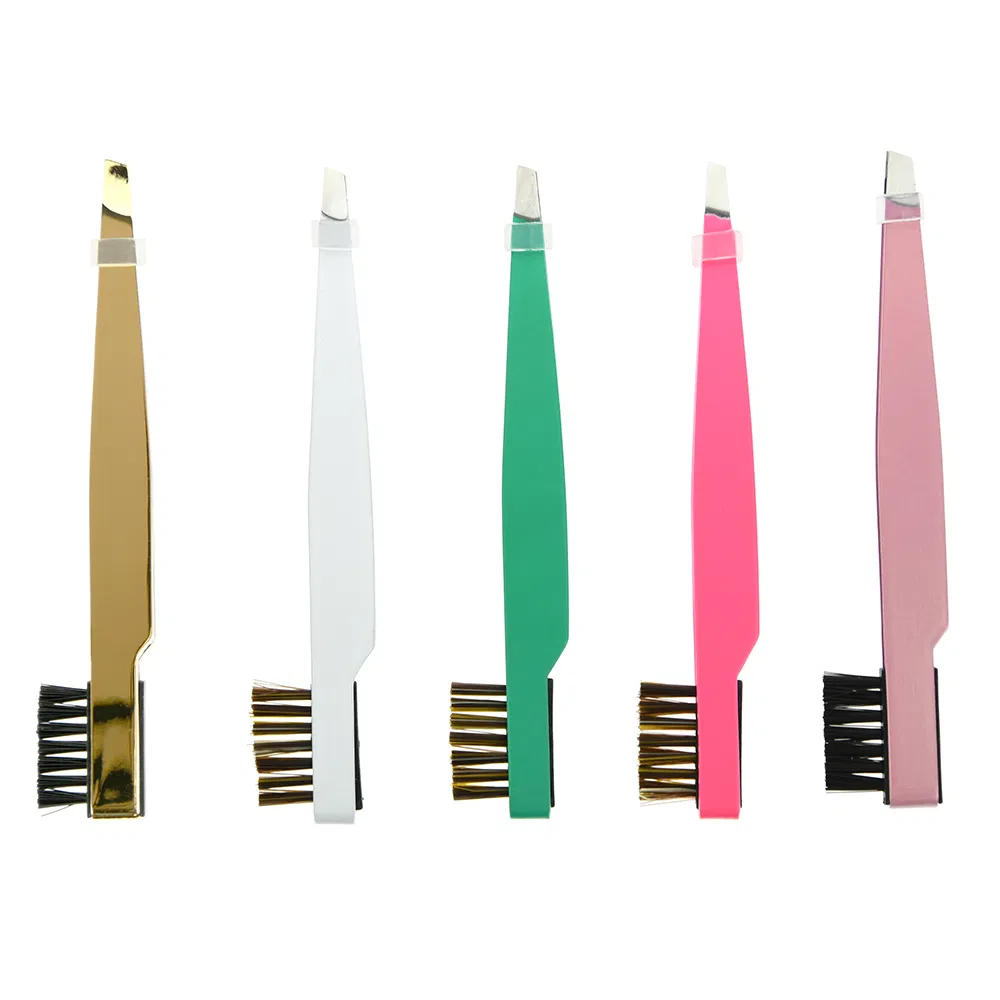 2 In1 Guangdong Slanted Eyebrow Lashes Hair Brush Tweezer Guangdong Rounded Steel Eyelash Tweezers