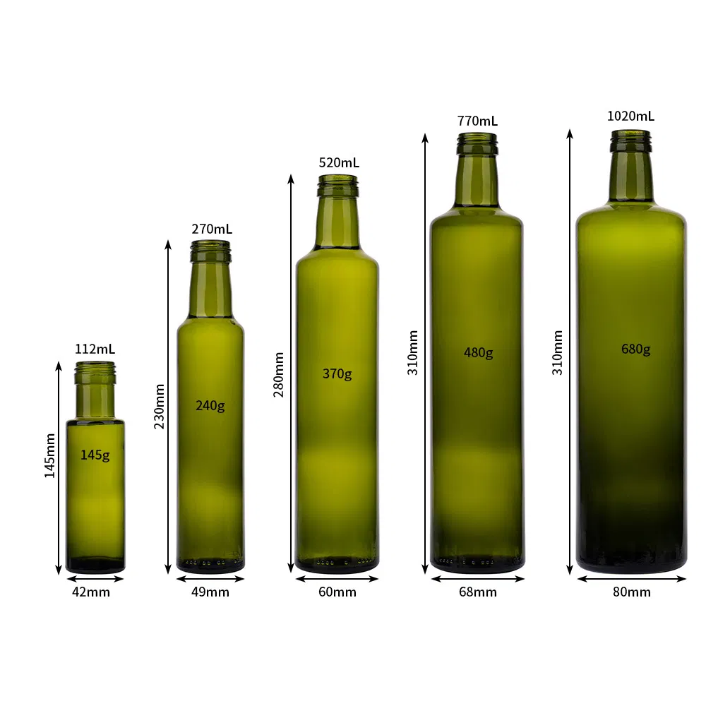 Wholesale Luxury Olive Oil Bottles Empty Round Green Food Grade Glass Cooking Dispenser Bottle with Lids