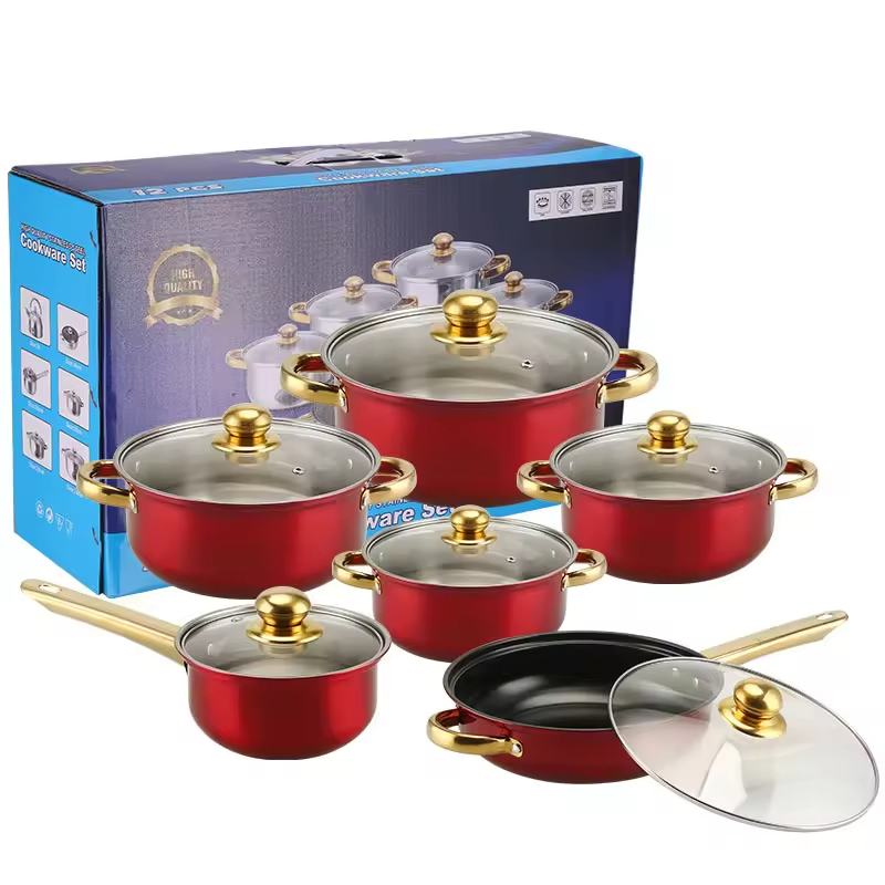 12PCS Stainless Steel Pots and Pans Gold Handle Soup Pots Cooking Pots Milk Casserole Kitchen Cookware Sets