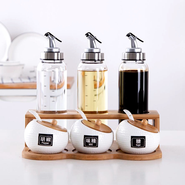 Ceramic Seasoning Box Set with Glass Oil Bottle Kitchen Bamboo Condiment Rack