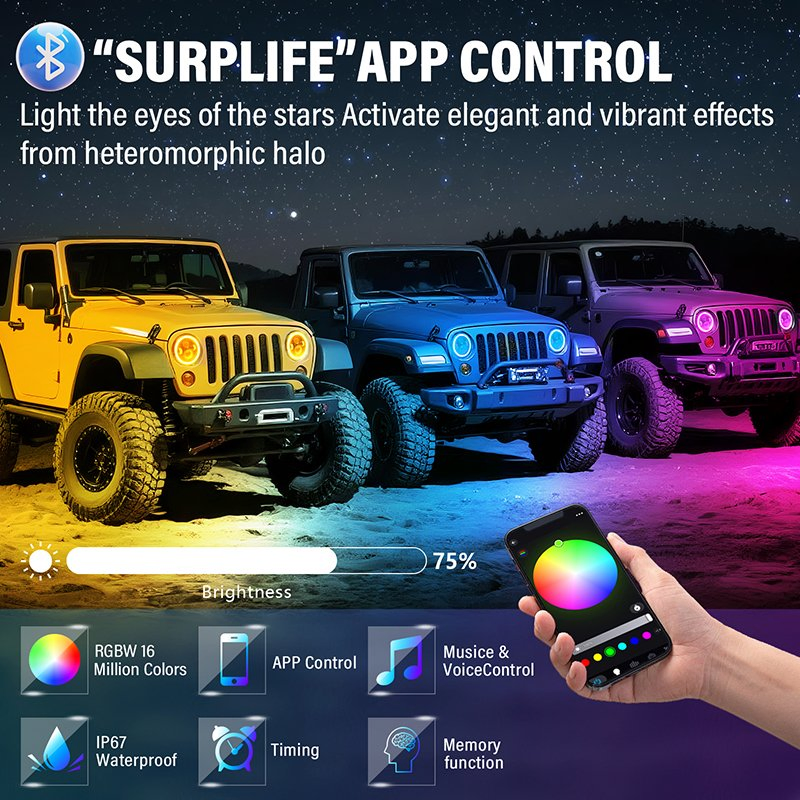 Светодиодная фара Wrangler JL RGB с APP управлением