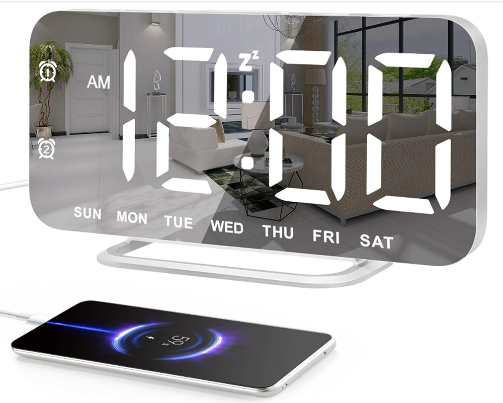 Super Slim LED Mirror Surface Digital Alarm Clock with Diming Mode