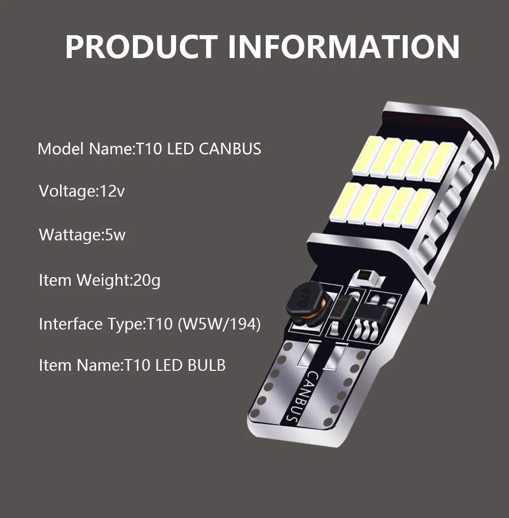 Светодиодная лампа T10 W5W 12V для авто, 26SMD 4014