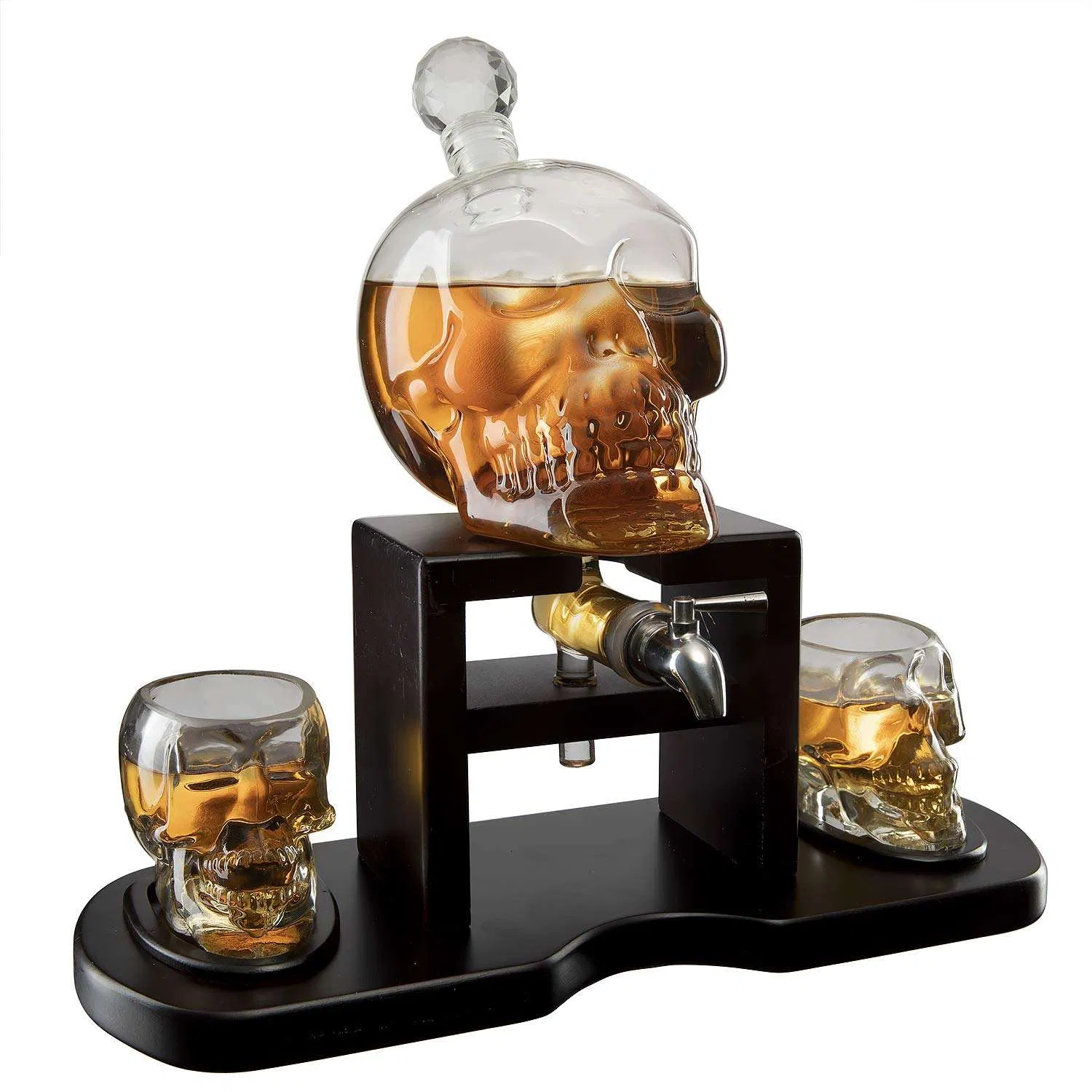 Wholesale 2PCS Skull Glasses Cup Wooden Base Skull Whiskey Decanter Set with Spigot