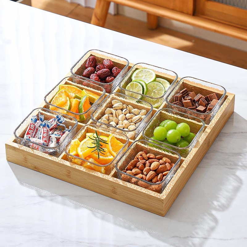 Dim Sum Snack Fruit Tray/Jiugongge Tray/Divided Dry Fruit Tray/Bamboo and Wood Candy Box/Bamboo and Wood Creative Fruit Box/Living Room Nut Candy Box