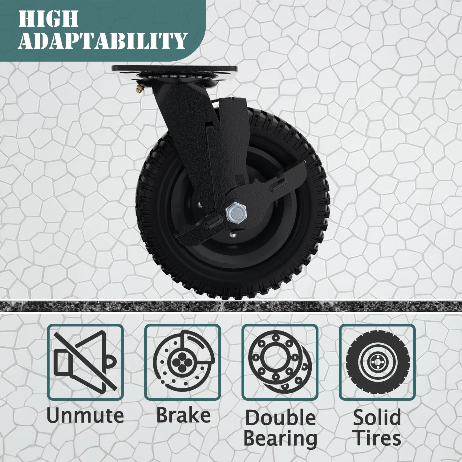 Plate Caster Wheel with Side Brake, 8 Inch/200mm Solid Rubber Tire