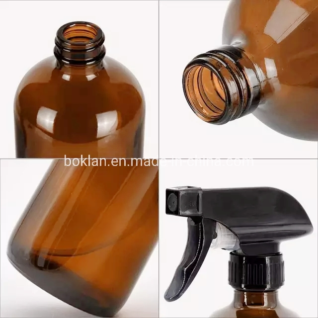 8oz 16oz 32oz / Amber Round Glass Spray Bottle with Top Black Spray Pump Essential Oil Glass Bottle
