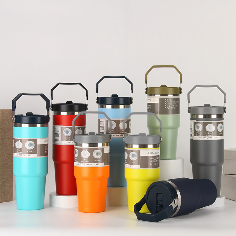 20oz 30oz Plastic Spray Ice Straw Mugs Portable Double-Layer Vacuum Stainless Steel Car Cup Thermal Insulation Bottle Thermos