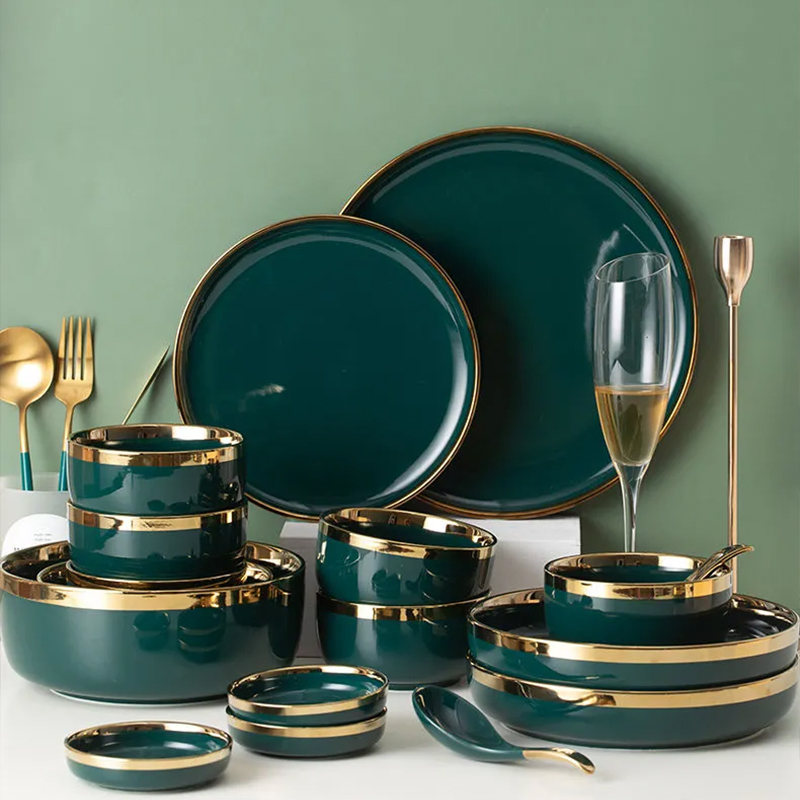 Chic Ceramic Dinnerware Set in Emerald Green with Golden Borders