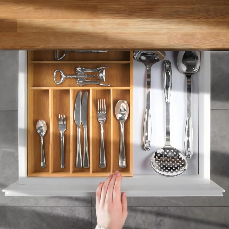 Bamboo Kitchen Drawer Cutlery Tray and Silverware Organizer with Grooved Drawer Dividers