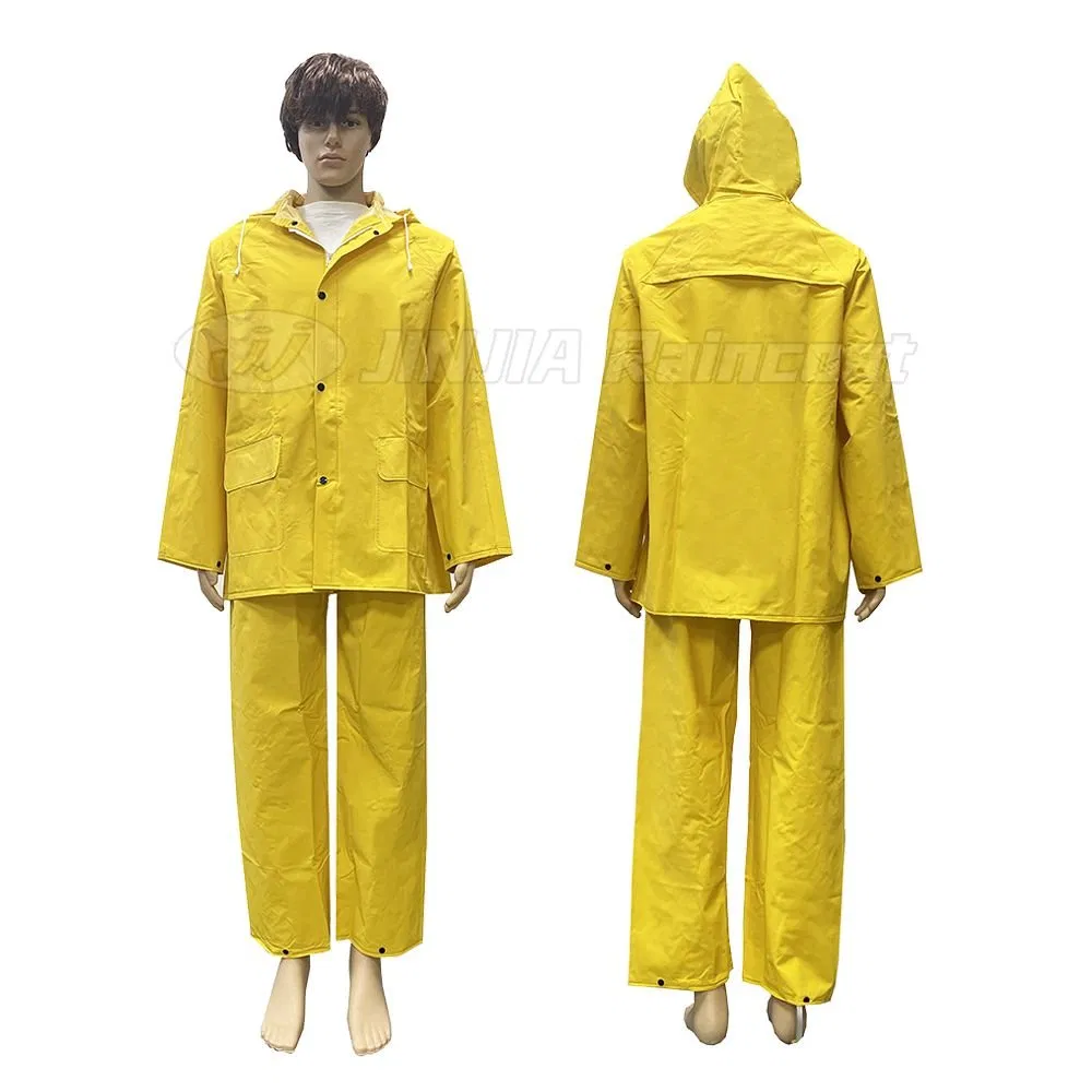 Wholesale Heavy Duty PVC Polyester Rain Jacket Pant Reusable Yellow Waterproof Rainsuit