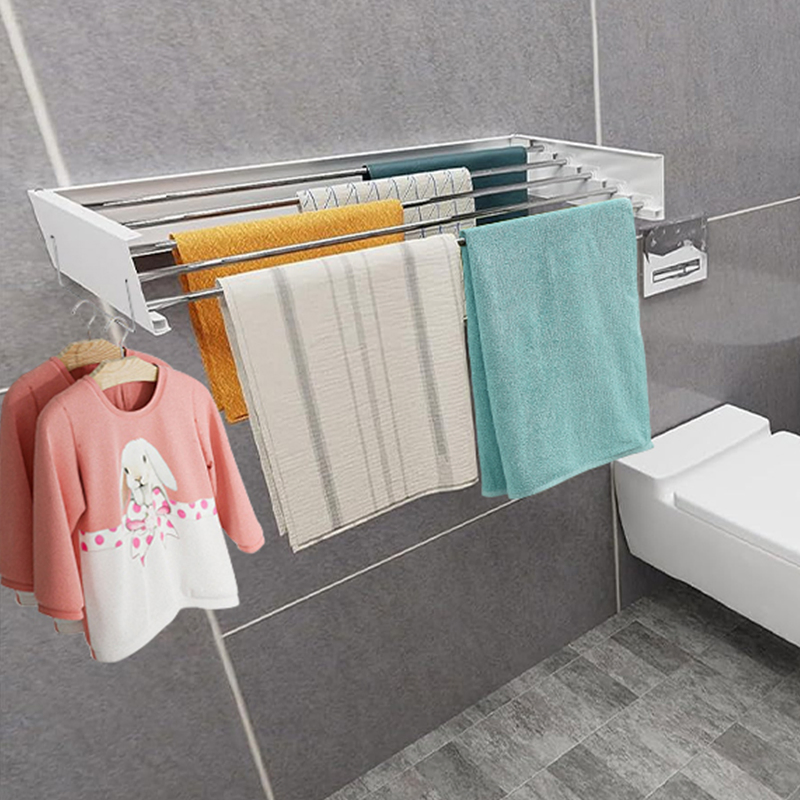 40 Inches Wall Mounted Stainless Steel Folding Collapsible Clothes Laundry Drying Rack with Wall Template