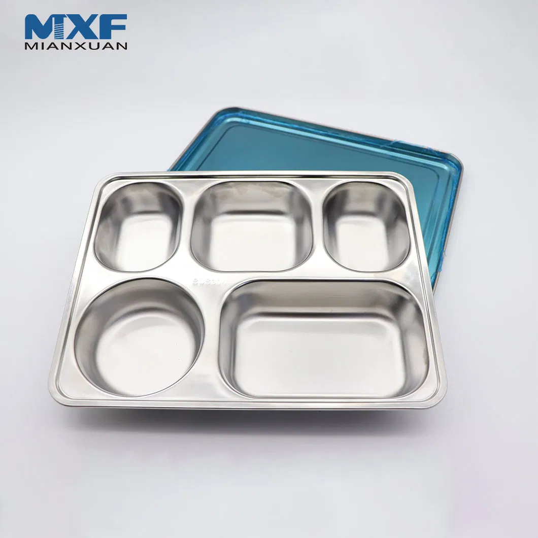 Wholesale Customized Logo Dinner Plate SUS 304 Stainless Steel Fast Food Tray SUS316 Rectangular Divided Tray Lunch Tray with Cover