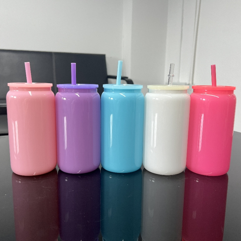 16oz Recyclable Glossy Colored Can Glass Beer Cold Drink Can with Clear Plastic Straw for UV Dtf Wraps