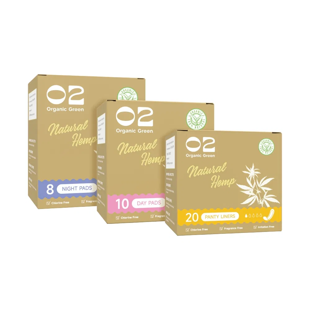 O2 Hot Sell Eco Friendly Natural Hemp Fiber Ultra Thin Super Absorbent Menstrual Period Disposable Sanitary Napkin Women Pad with Wings
