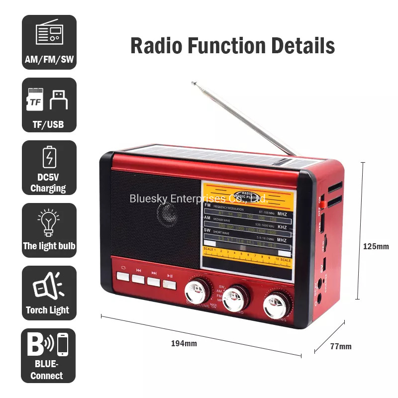 Factory Wholesale Portable Bluetooth Speaker Mini Solar FM/Am/Sw Radio with LED Flashlight