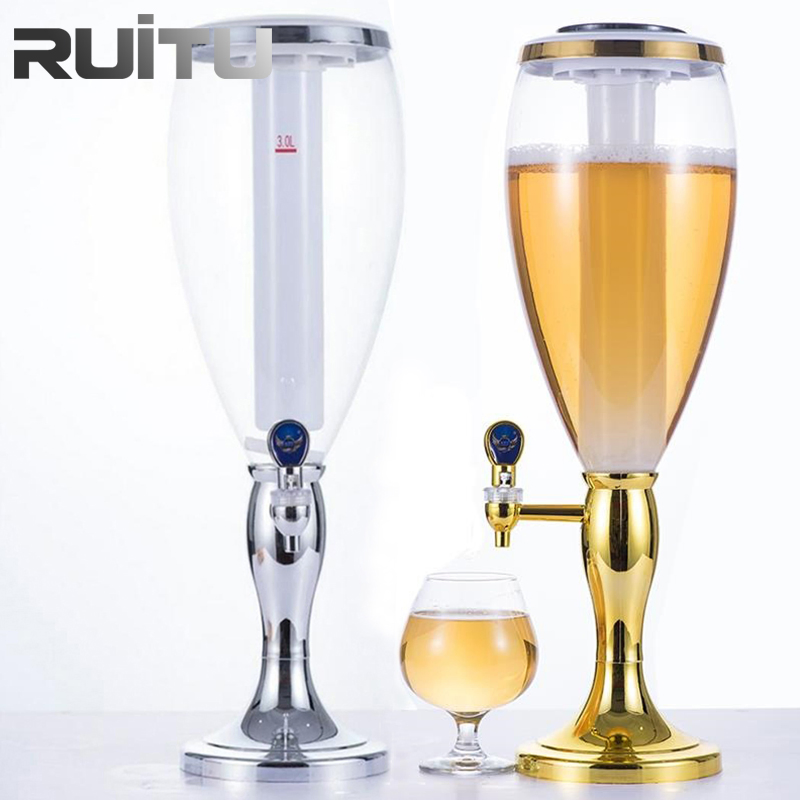 World Cup Trophy Soccer Bar Beer Drink Dispenser Machine Plastic Tabletop 1.5/3 Litres Plastic Draft Beer Tower with Ice LED Tube Cooling Champagne Tower