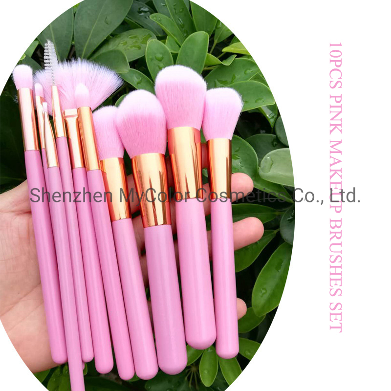 Custom Logo Makeup Brushes 10PCS Pink Brush Set Powder Fan Eyelash Curler Brush Maquiagem