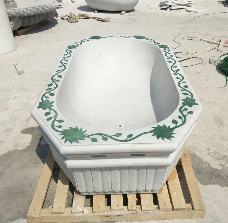 Beautiful Design Handmade White Marble Green Flower Pattern Bathtub (SYBT-002)