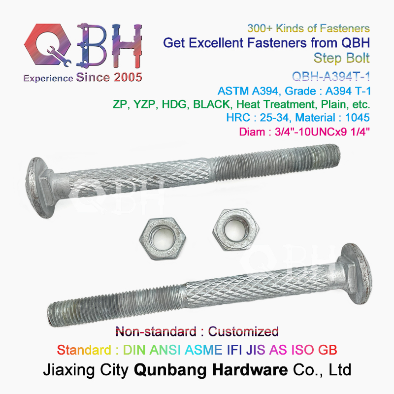 Qbh Customized ASTM A394-1 HDG Zp Yzp Plain Dacromet Geomet Carbon Steel Steel Structure Tower Carriage Knurl Round Head Double Step Bolt and & Nut Assembly
