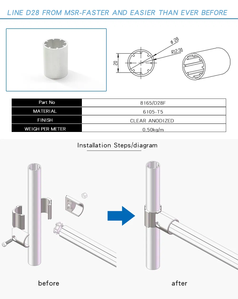 China Manufacturer Diameter 28mm 8165 D28f Aluminium Tube for Connecting T Slot Aluminium Profile for Workbench Line