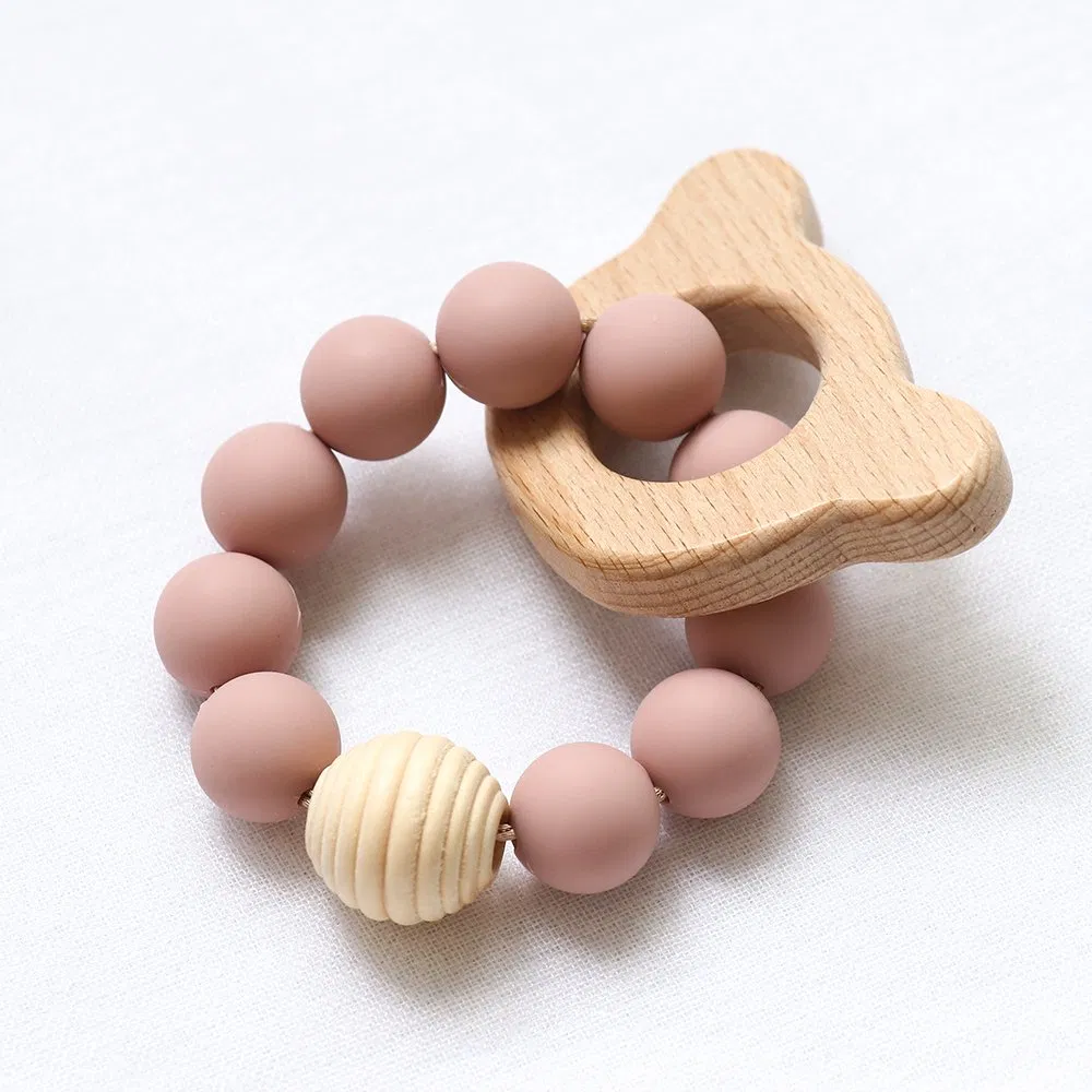 Amazon Food Grade Silicone Teether Bracelet Wooden Silicone Teething Ring for Baby
