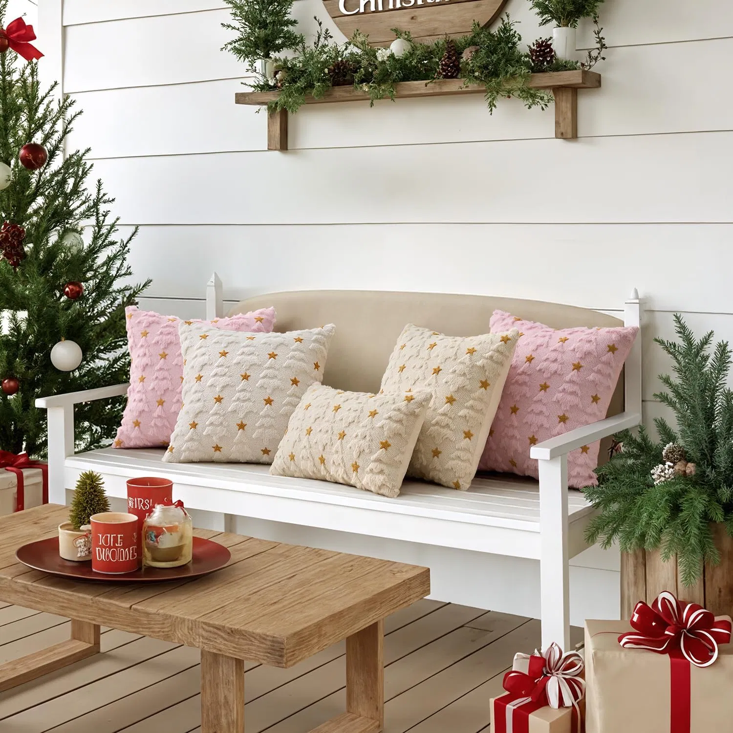 Christmas Pillow Covers, Beige Christmas Tree Plush Faux Fur Pillowcases Soft Decorative Throw Pillow Cases for Couch