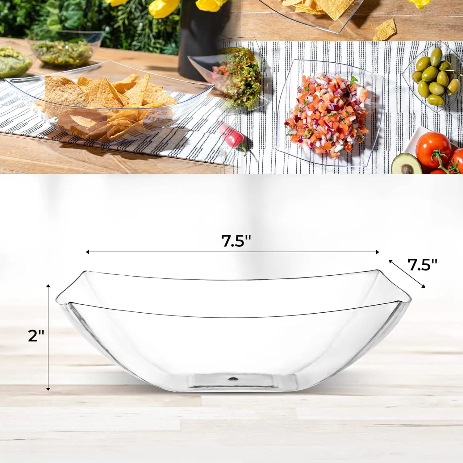 Disposable Plastic Crystal Clear 32ounce Square Serving Bowls Party Snack or Salad Bowls
