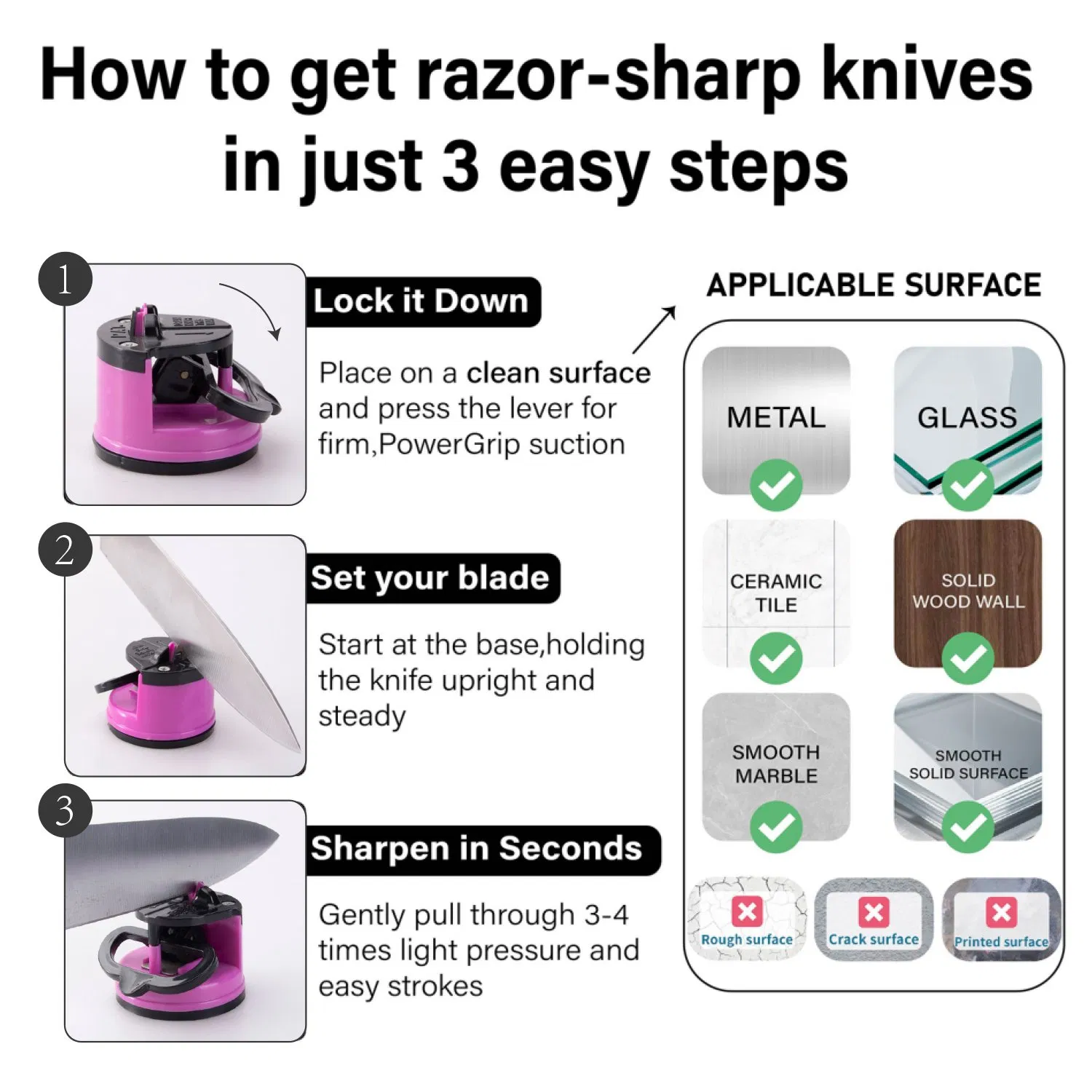 Pink Knife Sharpener Powergrip Suction Base 200X Force Increase Mini Size Fast 3 Step Sharpening for Most Kitchen Knives Tool