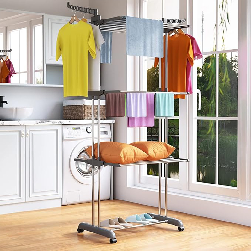 24 Drying Poles Oversized 4 Tier Movable Foldable Garment Laundry Towel Clothing Drying Rack with Castors