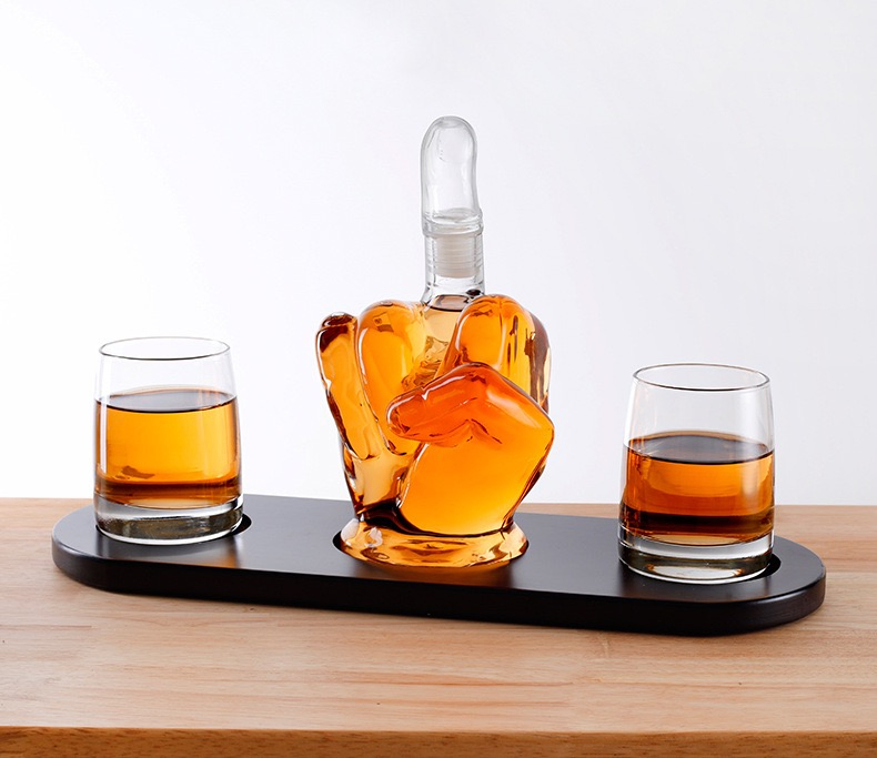 Home Bar Decor Liquor Dispenser with Glass and Wooden Base Middle Finger Shape Whiskey Decanter Gift Se