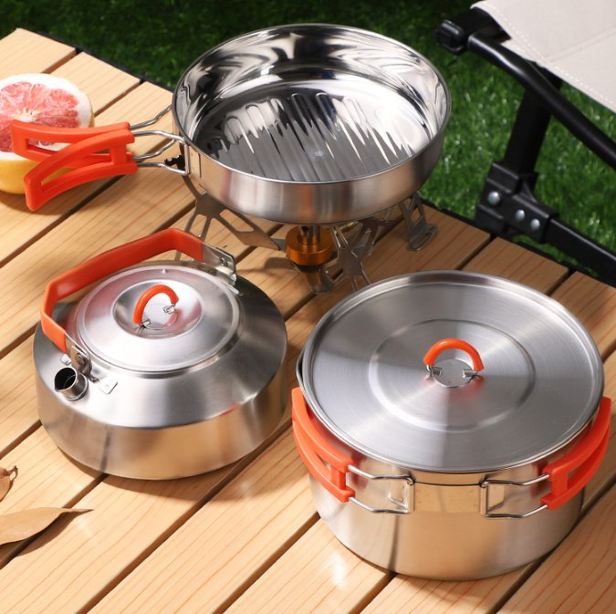 Outdoor Cookware 304 Stainless Steel Camping 3-Piece Pot Set