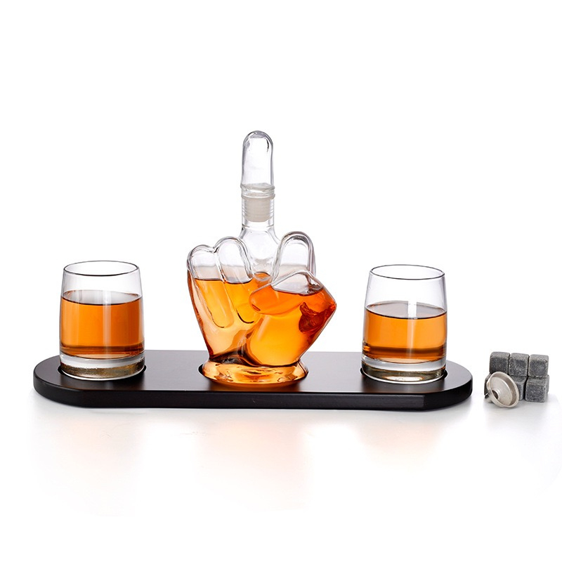 Home Bar Decor Liquor Dispenser with Glass and Wooden Base Middle Finger Shape Whiskey Decanter Gift Se