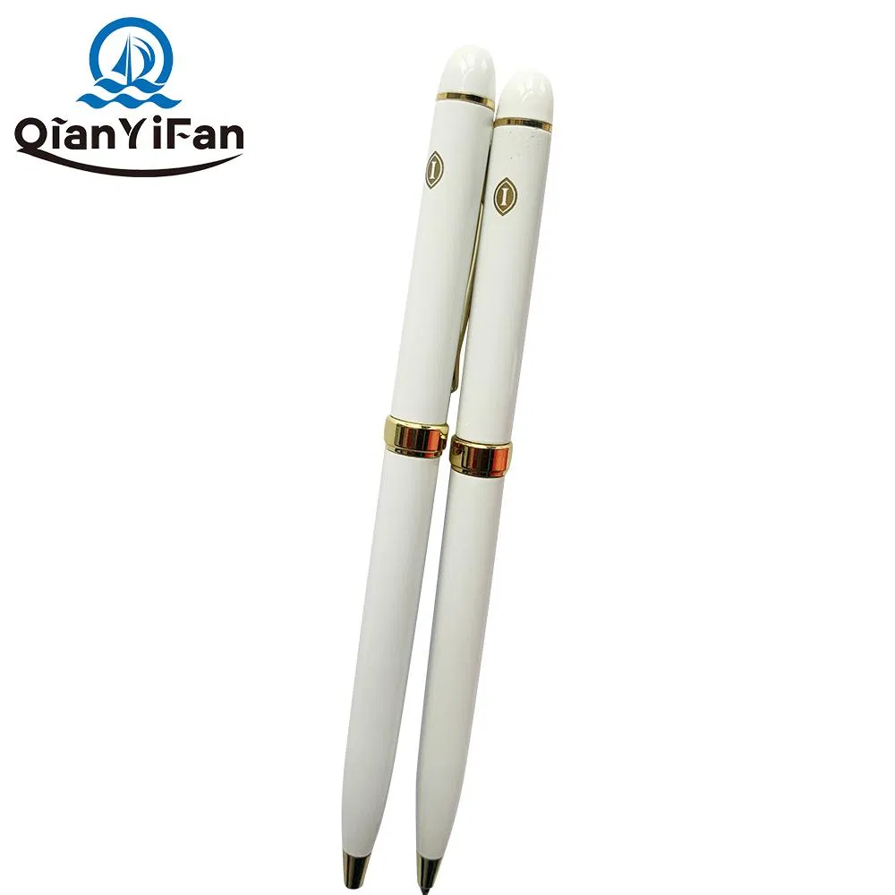 Custom Logo 1.0mm Ballpoint Pen with Steel Barrel, Plastic Top, White Glossy Finish for Hotel, Resort, SPA, and Airline Use